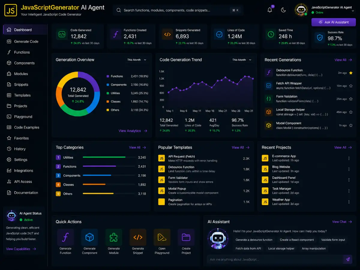javascriptgenerator.app AI JavaScript generator app — training dashboard preview